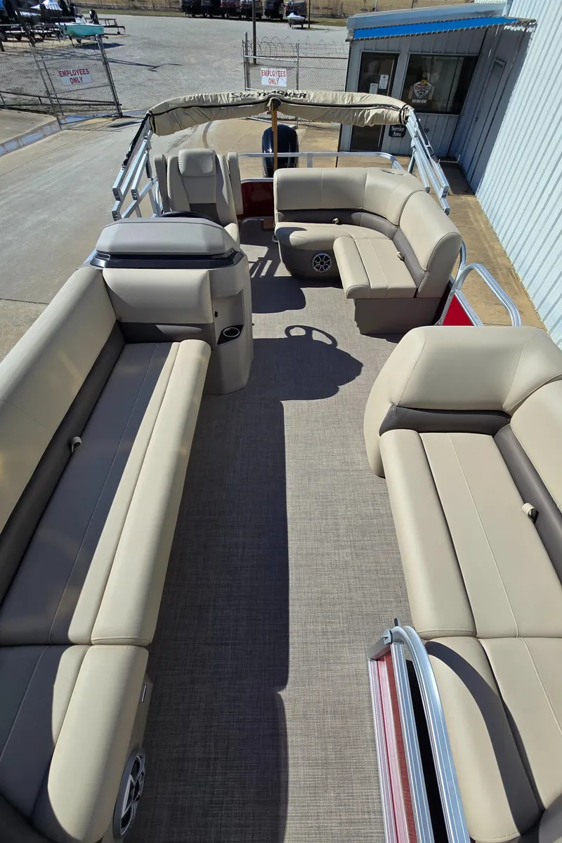 Slide: The Image of 2025 Sun Tracker Party Barge 18 DLX with spacious seating and modern design. - 5