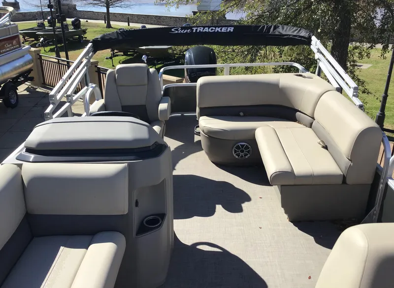 Slide: The Image of 2025 Sun Tracker Party Barge 18 DLX with spacious seating and modern design. - 2