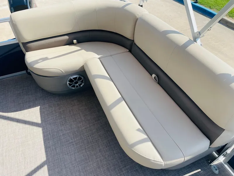 Slide: The Image of 2025 Sun Tracker Bass Buggy 16 XL Select pontoon boat seating area. - 16
