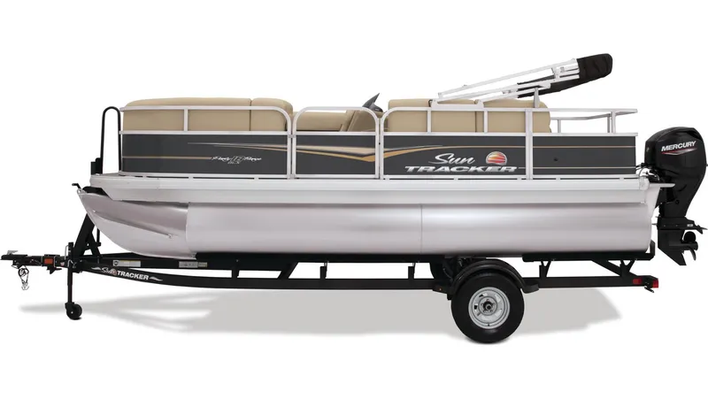 Slide: The Image of 2025 Sun Tracker Party Barge 18 DLX pontoon boat on trailer, side view. - 12