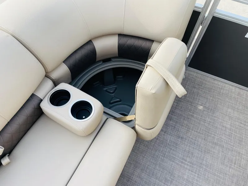 Slide: The Image of 2025 Sun Tracker Party Barge 22 RF DLX seating with storage and cup holders. - 14