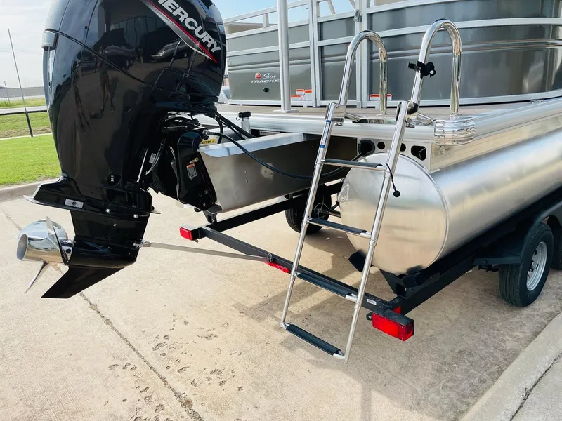 Slide: The Image of 2025 Sun Tracker Party Barge 22 RF DLX with Mercury outboard motor and ladder. - 6