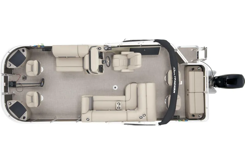 Slide: The Image of 2025 Sun Tracker Fishin' Barge 22 DLX pontoon boat, top view, spacious seating layout. - 24