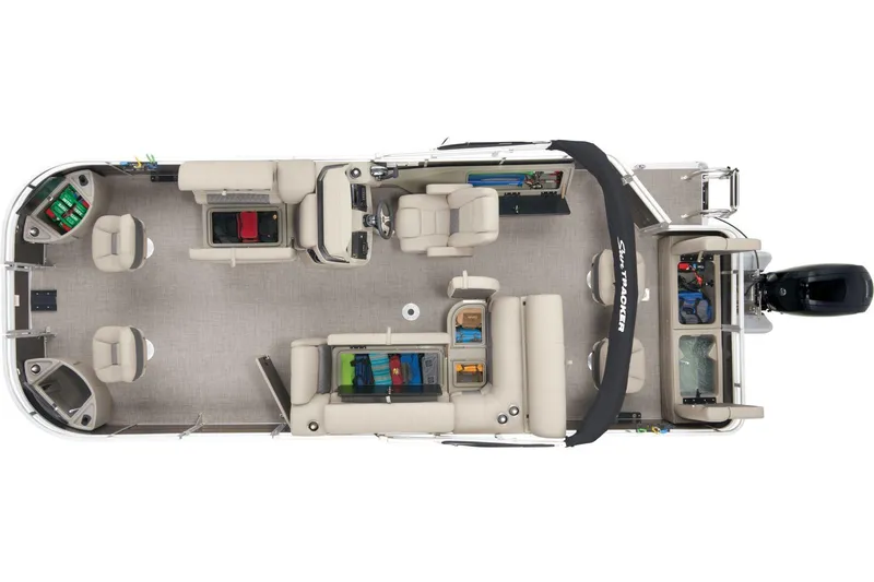 Slide: The Image of 2025 Sun Tracker Fishin' Barge 22 DLX pontoon boat interior layout, top view. - 25