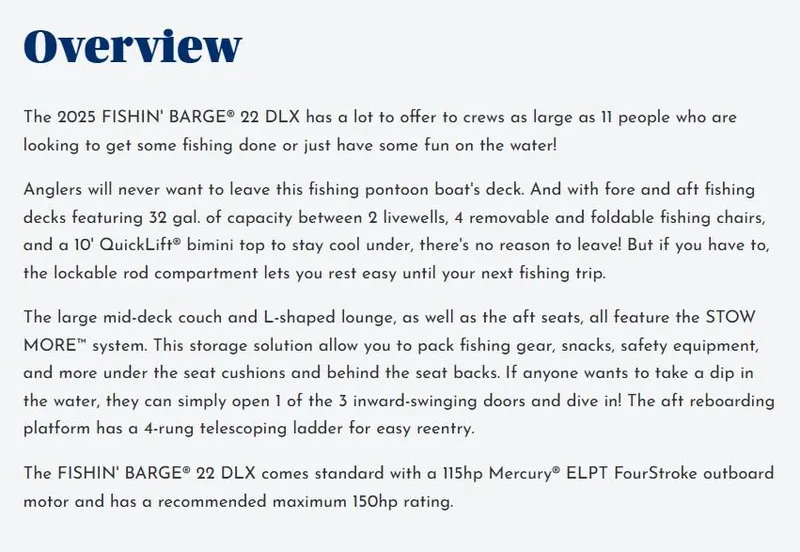 Slide: The Image of Overview of the 2025 Sun Tracker Fishin' Barge 22 DLX pontoon boat features and specifications. - 37
