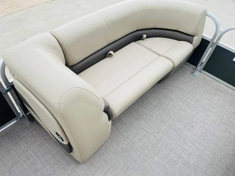 Slide: The Image of 2025 Sun Tracker Party Barge 18 DLX pontoon boat seating, beige upholstery. - 10