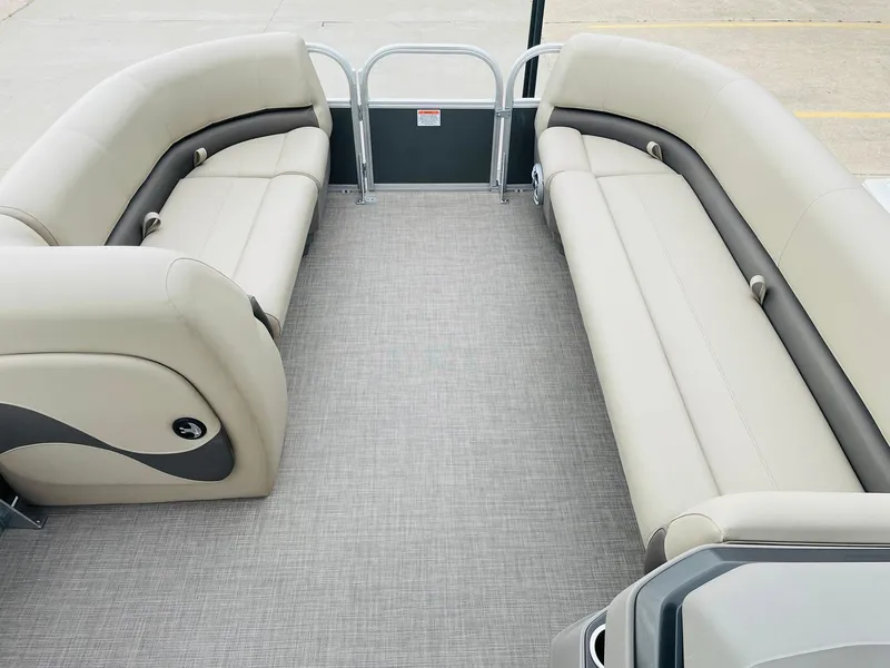 Slide: The Image of 2025 Sun Tracker Party Barge 18 DLX interior with spacious seating and modern design. - 9