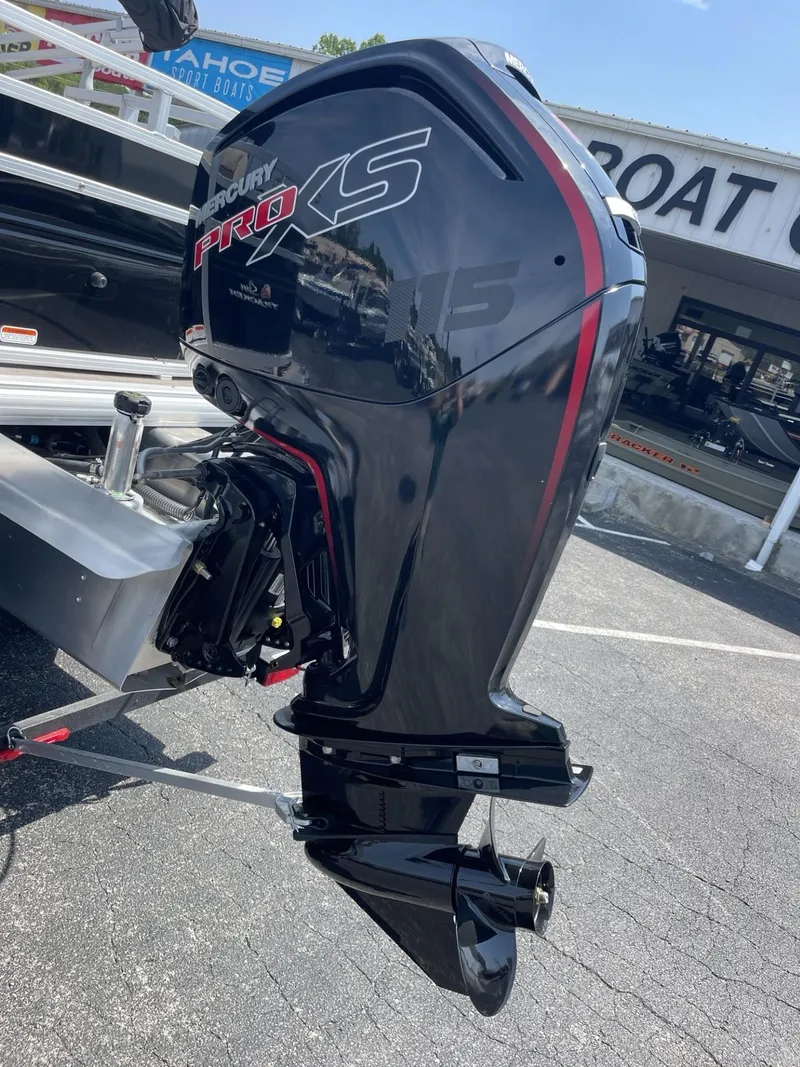 Slide: The Image of Mercury Pro XS outboard motor on 2025 Sun Tracker SportFish 20 DLX boat. - 2