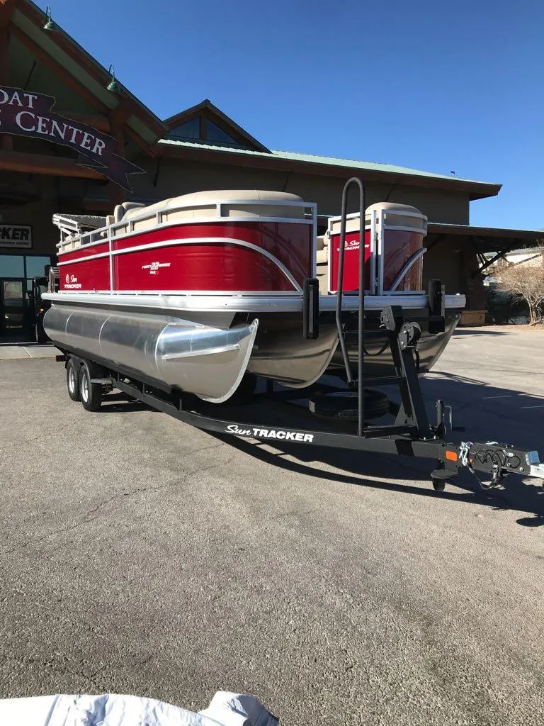 Slide: The Image of 2025 Sun Tracker Party Barge 22 RF XP3 pontoon boat on trailer. - 5