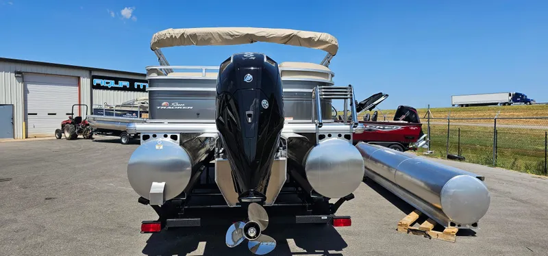 Slide: The Image of 2025 Sun Tracker Party Barge 22 RF XP3 pontoon boat with powerful outboard motor. - 3