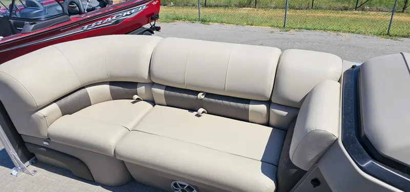 Slide: The Image of 2025 Sun Tracker Party Barge 22 RF XP3 beige seating area, outdoor setting. - 7