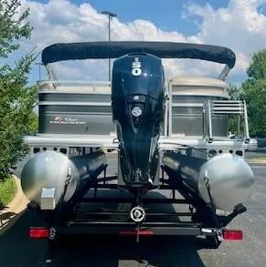 Slide: The Image of 2025 Sun Tracker Party Barge 22 RF DLX pontoon boat with powerful outboard motor. - 5