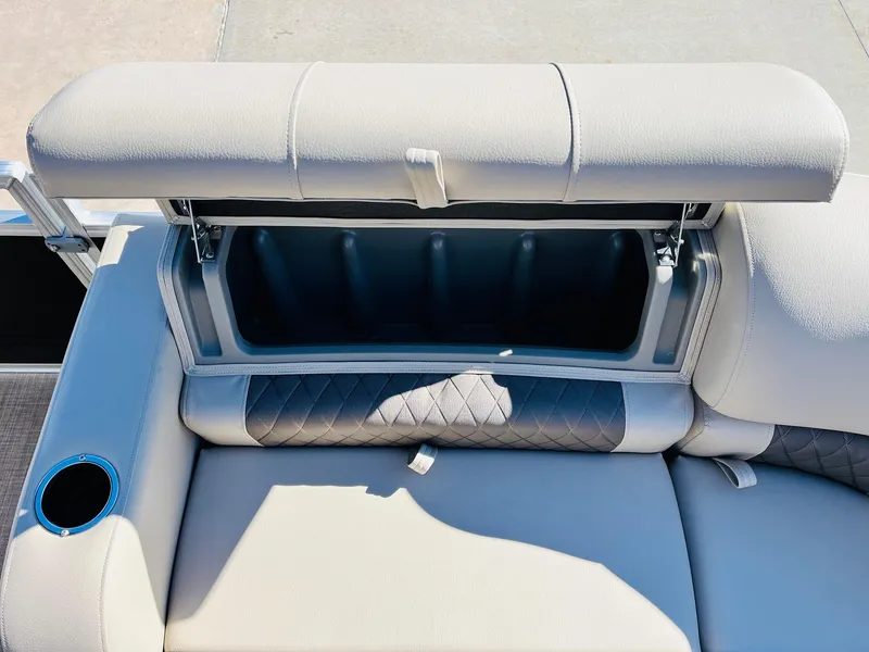 Slide: The Image of Sun Tracker SportFish 22 XP3 2025 boat seat with storage compartment and cup holder. - 15