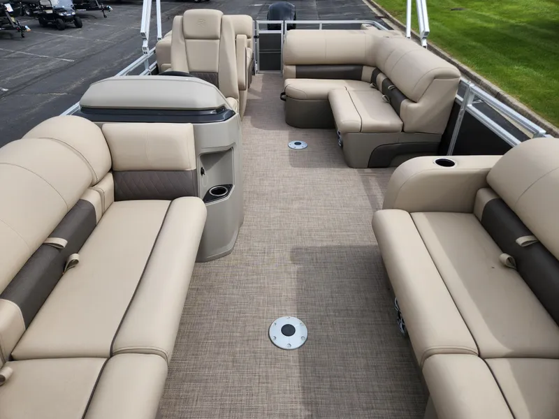 Slide: The Image of 2025 Sun Tracker Party Barge 22 RF DLX with spacious seating and modern design. - 2