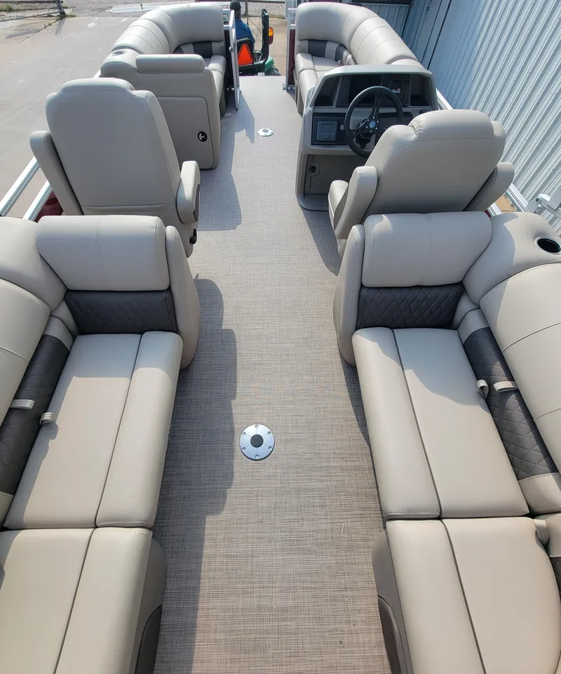 Slide: The Image of 2025 Sun Tracker Party Barge 22 DLX interior with spacious seating and modern design. - 3