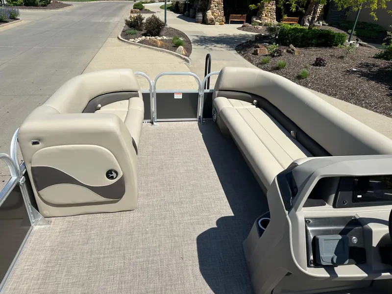 Slide: The Image of 2025 Sun Tracker Party Barge 18 DLX interior with spacious seating and modern design. - 3