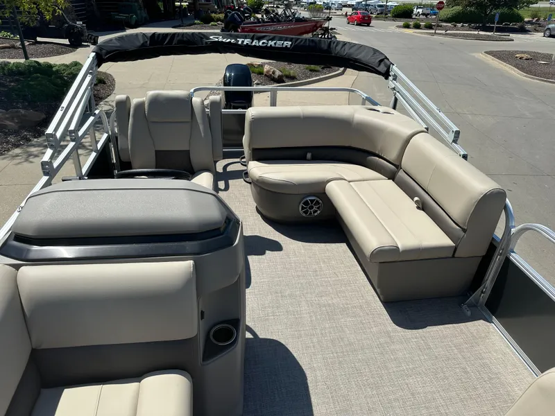 Slide: The Image of 2025 Sun Tracker Party Barge 18 DLX with spacious seating and modern design. - 5