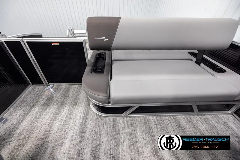 Slide: The Image of 2025 Bennington 21 SSBSE pontoon boat interior with gray seating and cup holders. - 15
