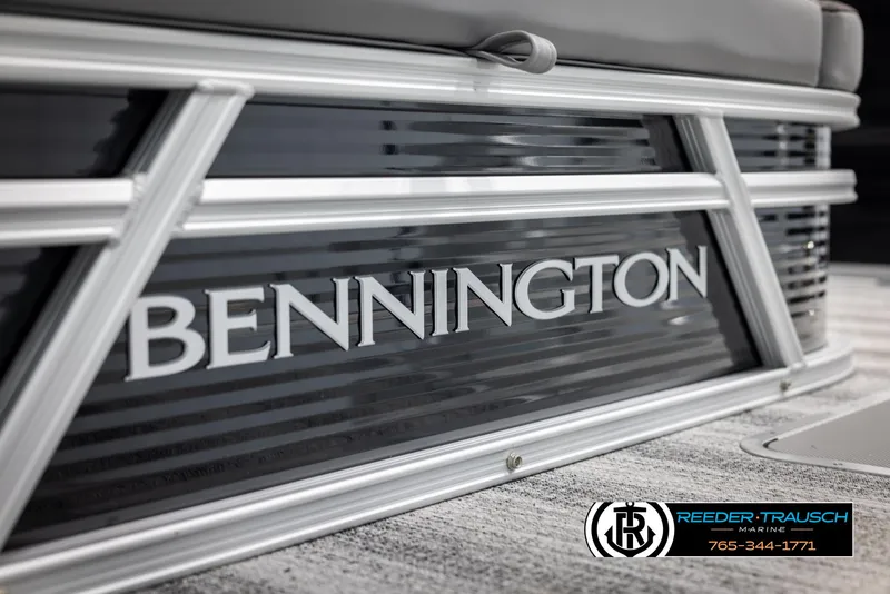 Slide: The Image of 2025 Bennington 21 SSBSE boat detail with Reeder-Trausch Marine logo and contact information. - 48