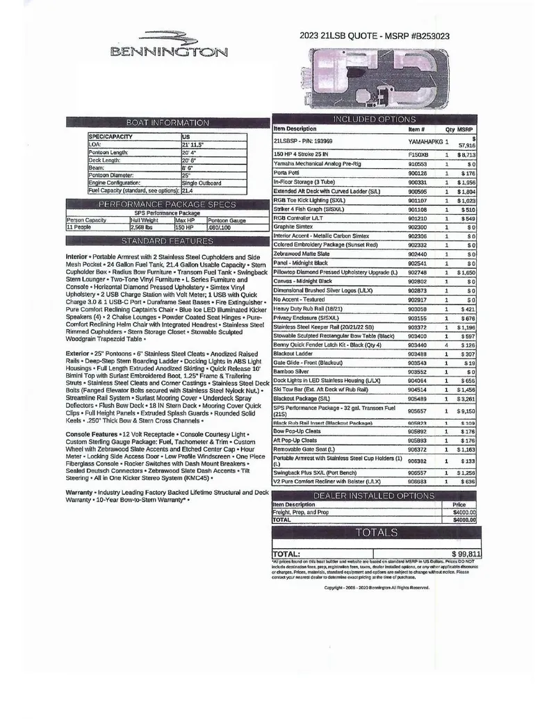 Slide: The Image of 2023 Bennington 21LSB boat specifications and pricing details sheet. - 22