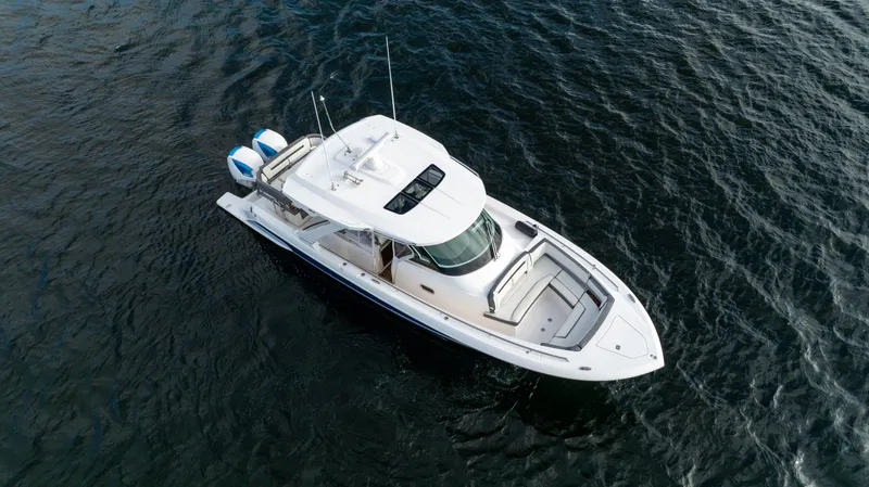 Slide: The Image of 2020 Tiara Sport 38 LS boat on open water, aerial view. - 12