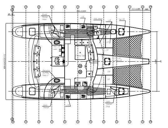 Slide: The Image of Blueprint of 2019 Kelsall 38ma catamaran, detailed layout with cabins and deck plan. - 11