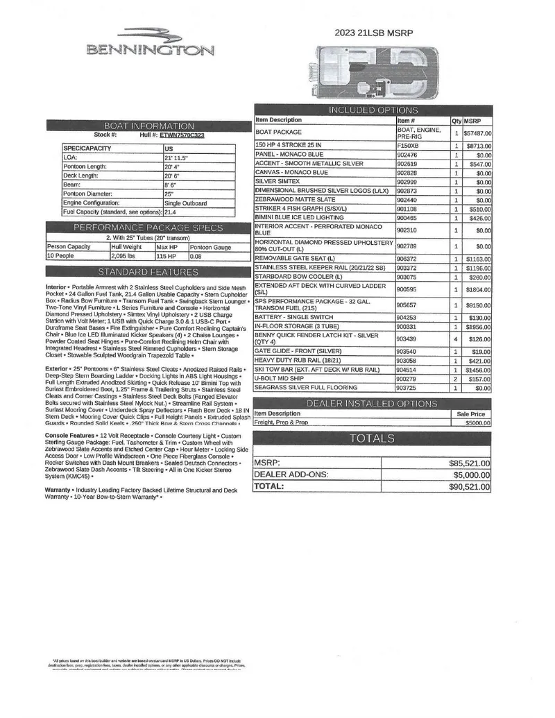 Slide: The Image of 2023 Bennington 21LSB pontoon boat specifications and pricing details sheet. - 13