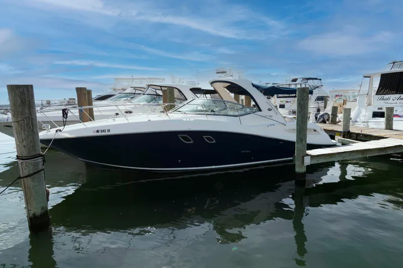 The Image of 2009 Sea Ray Sundancer 330 docked at marina under clear blue sky. - 0