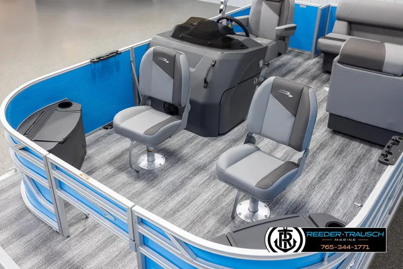 Slide: The Image of 2025 Bennington 16 SFSE pontoon boat interior with gray seating and blue accents. - 10