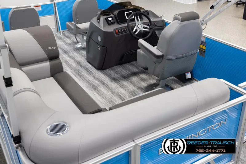 Slide: The Image of 2025 Bennington 16 SFSE boat interior with modern seating and steering console. - 11