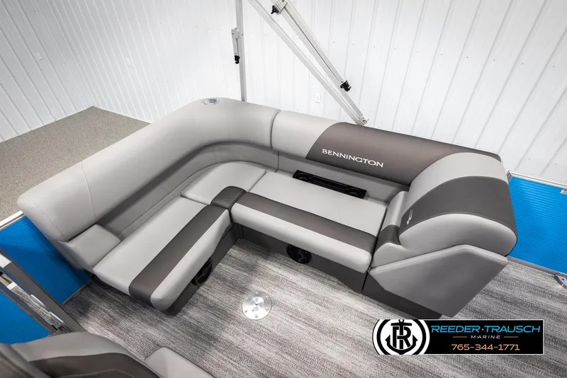 Slide: The Image of 2025 Bennington 16 SFSE boat interior with gray seating and modern design. - 18