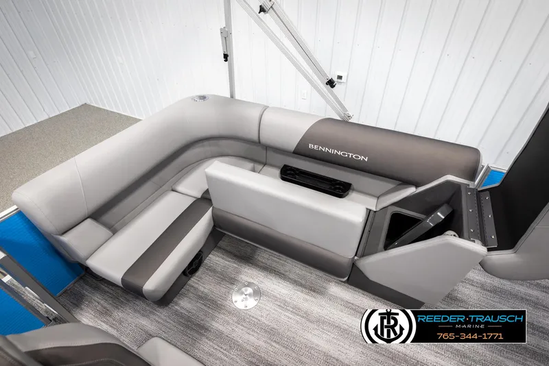 Slide: The Image of 2025 Bennington 16 SFSE boat interior with gray seating and modern design. - 19