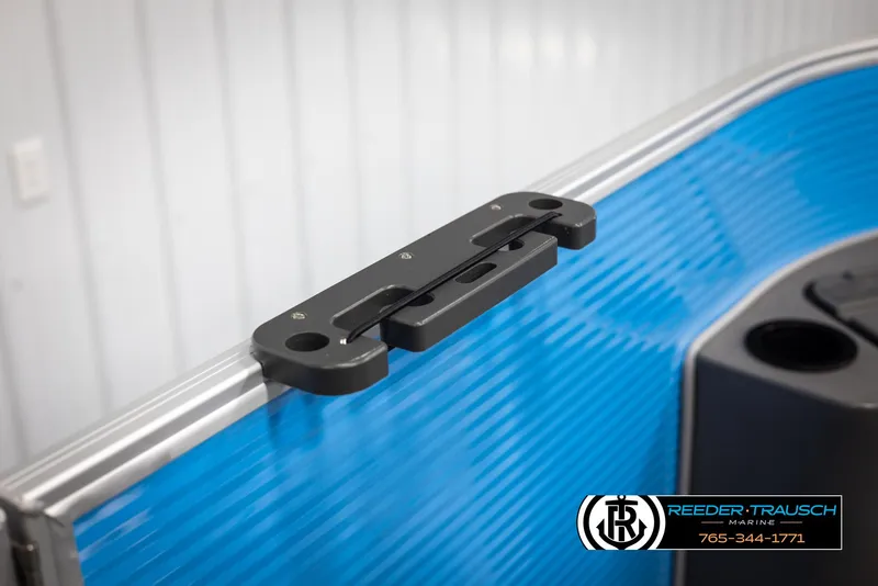 Slide: The Image of 2025 Bennington 16 SFSE boat detail with blue panel and black hardware. - 36