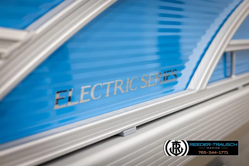 Slide: The Image of 2025 Bennington 16 SFSE Electric Series boat detail with blue paneling. - 44