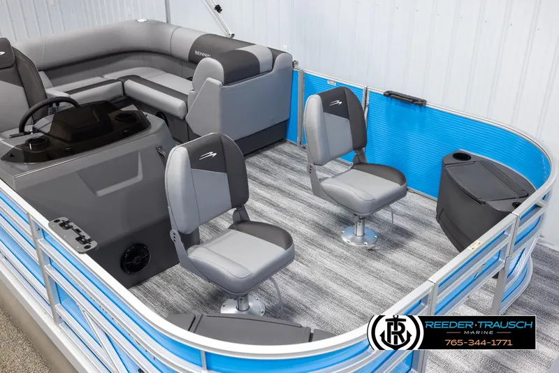 Slide: The Image of 2025 Bennington 16 SFSE pontoon boat interior with gray seating and blue accents. - 9