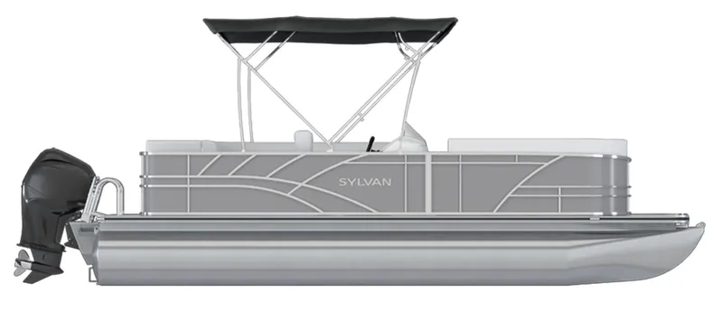 Slide: The Image of 2025 Sylvan Mirage 820 LZ pontoon boat with canopy and outboard motor. - 1