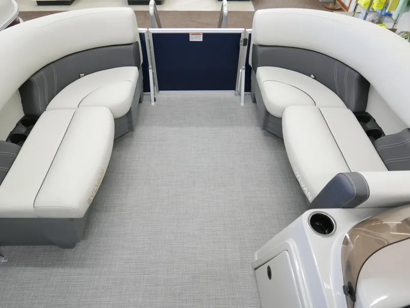 Slide: The Image of 2025 Sylvan Mirage 8520 LZ pontoon boat interior with gray and white seating. - 3