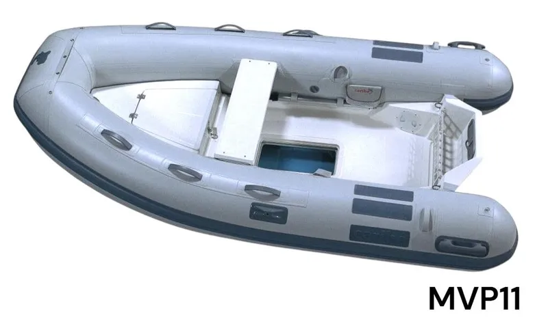 The Image of Caribe MVP11 inflatable boat, 2025 model, close-up view of branding. - 0