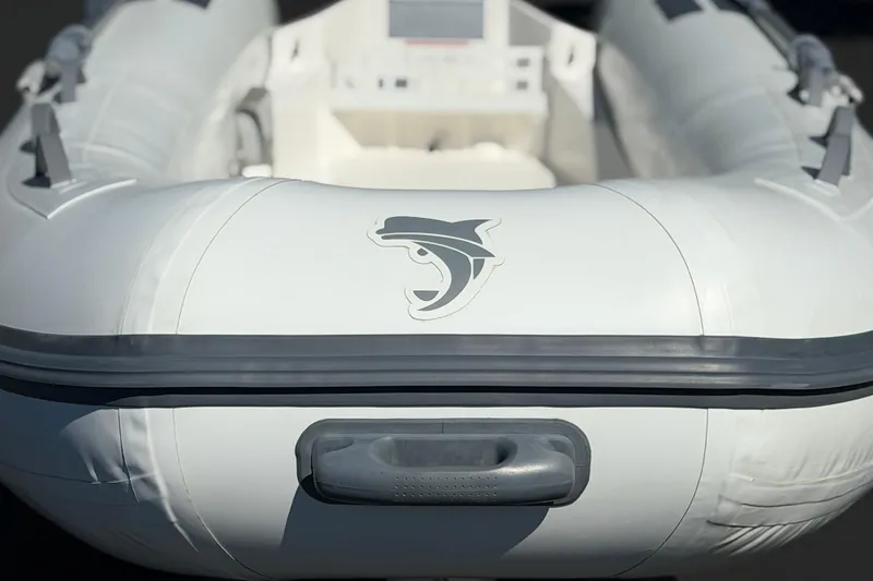 Slide: The Image of Inflatable boat with dolphin logo, Caribe MVP11 model, 2025. - 22
