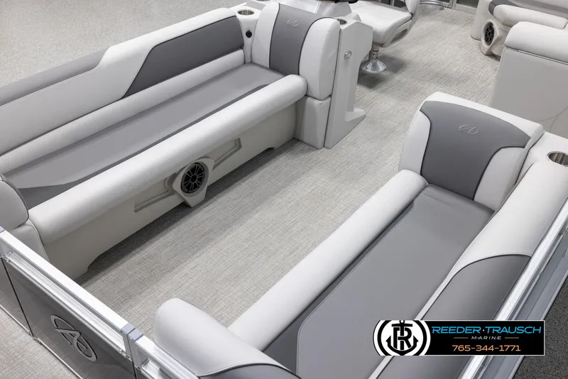 Slide: The Image of 2025 Avalon VENT CRB boat interior with gray seating and modern design. - 11