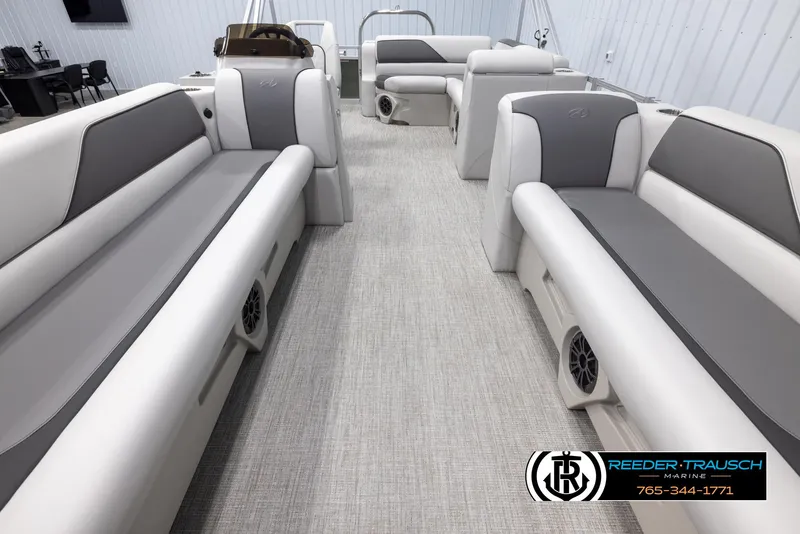 Slide: The Image of 2025 Avalon VENT CRB boat interior with gray and white seating, spacious layout. - 14