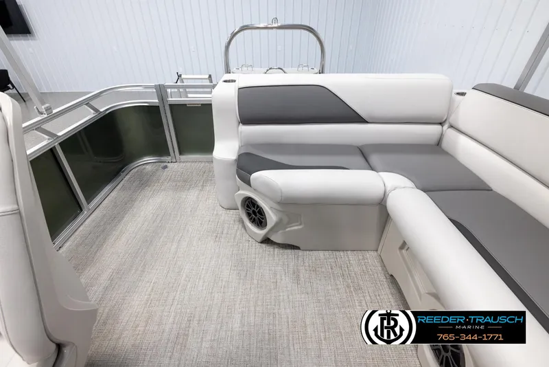 Slide: The Image of 2025 Avalon VENT CRB boat interior with white and gray seating, modern design. - 16