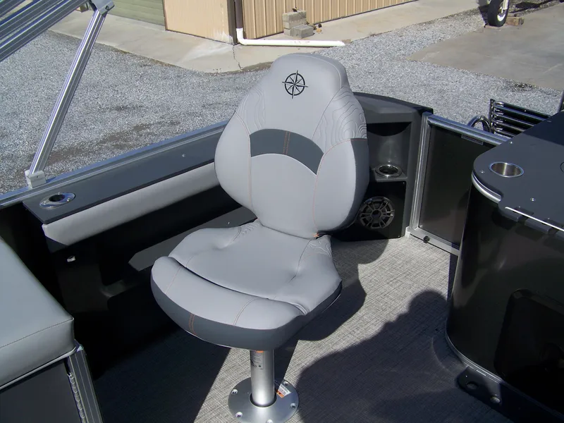 Slide: The Image of Gray captain's chair in 2025 Avalon GeoFish23RF boat interior. - 12