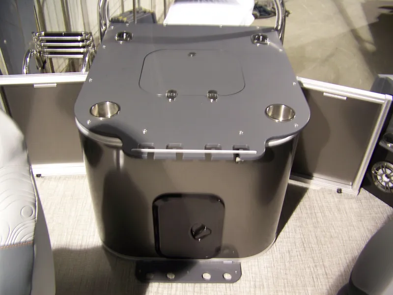 Slide: The Image of Avalon GeoFish23RF 2025 boat console with cup holders and storage compartment. - 6