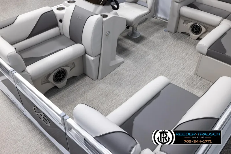 Slide: The Image of 2025 Avalon VENT CR boat interior with gray seating and modern design. - 11