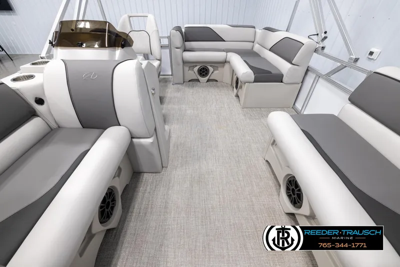 Slide: The Image of 2025 Avalon VENT CR boat interior with gray seating and modern design. - 14