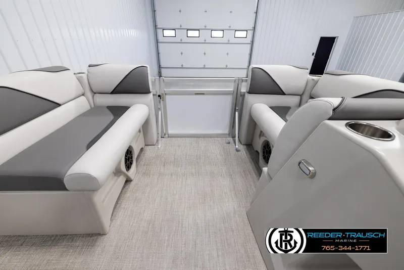 Slide: The Image of Interior of 2025 Avalon VENT CR boat with gray and white seating. - 17