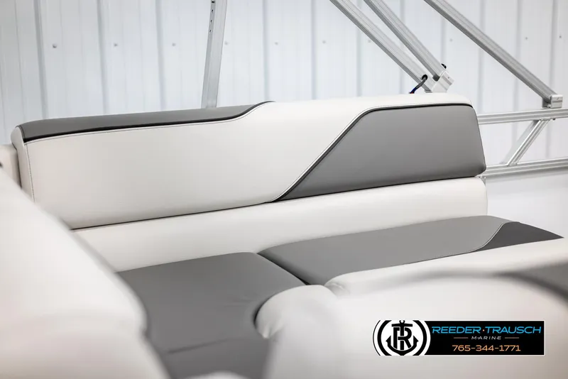 Slide: The Image of 2025 Avalon VENT CR boat interior with sleek gray and white seating. - 31