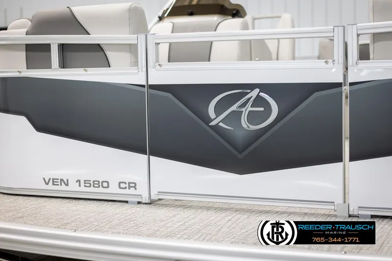 Slide: The Image of 2025 Avalon VENT CR boat side view with logo and model details. - 37