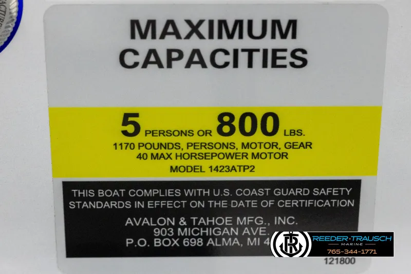 Slide: The Image of 2025 Avalon VENT CR capacity label: 5 persons, 800 lbs, 40 HP motor max. - 43